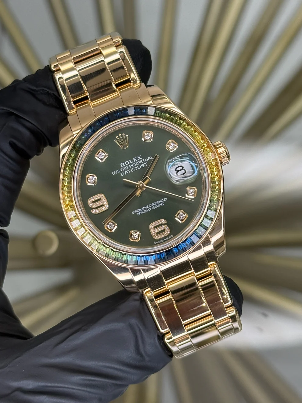 Rolex Datejust Pearlmaster Olive Diamond Dial on Yellow Gold 86348SABLV Open Date Complete Rolex Datejust Pearlmaster Olive Diamond Dial on Yellow Gold 86348SABLV Open Date Complete